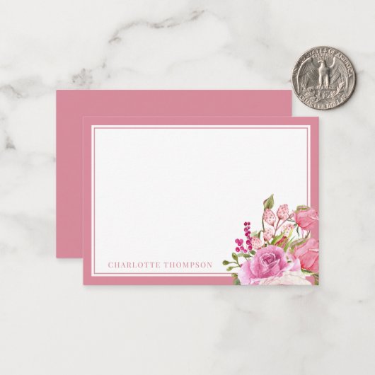 水彩ピンクローズ名前をカスタムするノートカード ノートカード (正面/裏面インサイチュ)