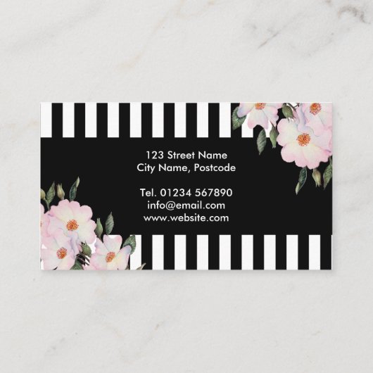 水彩ピンクローズ絵を描ズ白黒ストライプズ 名刺 (裏面)