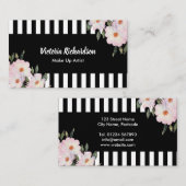 水彩ピンクローズ絵を描ズ白黒ストライプズ 名刺 (正面/裏面)