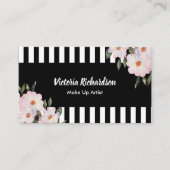 水彩ピンクローズ絵を描ズ白黒ストライプズ 名刺 (正面)