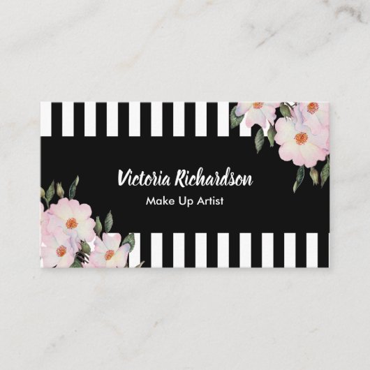 水彩ピンクローズ絵を描ズ白黒ストライプズ 名刺 (正面)