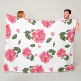 水彩ピンクローズ花びらと葉パターン フリースブランケット