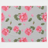水彩ピンクローズ花びらと葉パターン フリースブランケット (正面(横))