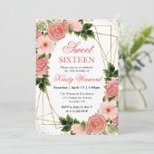 水彩ピンクローズ金ゴールドフレームスウィート16 招待状 (スタンド正面)