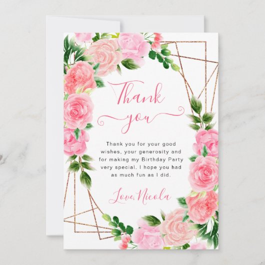 水彩ピンクローズ金ゴールドフレーム誕生日 サンキューカード (正面)