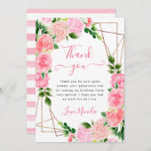 水彩ピンクローズ金ゴールドフレーム誕生日 サンキューカード (正面/裏面)
