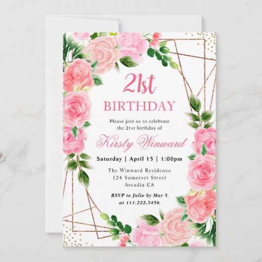 水彩ピンクローズ金ゴールドフレーム21st誕生日 招待状 (正面)