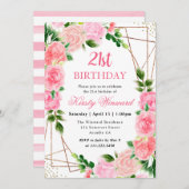 水彩ピンクローズ金ゴールドフレーム21st誕生日 招待状 (正面/裏面)