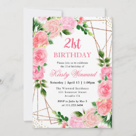 水彩ピンクローズ金ゴールドフレーム21st誕生日 招待状
