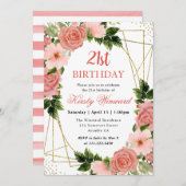 水彩ピンクローズ金ゴールドフレーム21st誕生日 招待状 (正面/裏面)