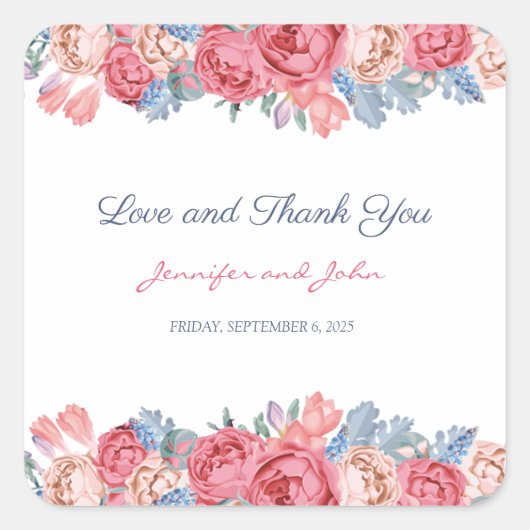 水彩ピンクローズ&ブルーフラワーシック結婚ズ スクエアシール (正面)