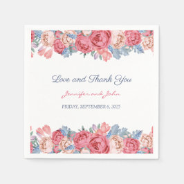 水彩ピンクローズ&ブルーフラワーシック結婚ズ スタンダードカクテルナプキン