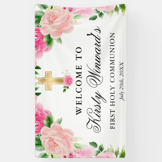 水彩ピンクローゼファースト聖餐式 横断幕 (縦)