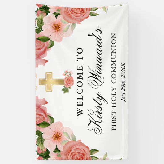 水彩ピンクローゼファースト聖餐式 横断幕 (縦)