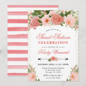 水彩ピンクローゼフラワーズスウィート16 招待状 (正面/裏面)