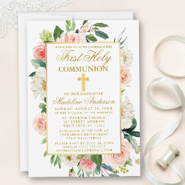 水彩ピンクローゼフラワーズファースト金ゴールド 招待状