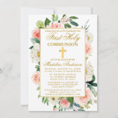 水彩ピンクローゼフラワーズファースト金ゴールド 招待状 (正面)