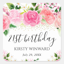 水彩ピンクローゼフラワーズ誕生日 スクエアシール
