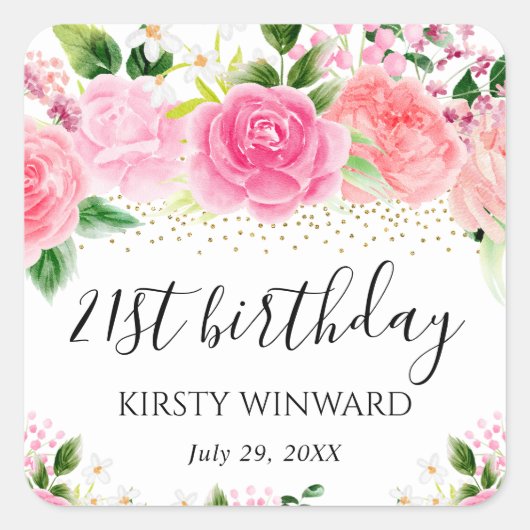 水彩ピンクローゼフラワーズ誕生日 スクエアシール (正面)