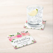 水彩ピンクローゼフラワーズ誕生日 スクエアペーパーコースター (インサイチュ)