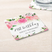 水彩ピンクローゼフラワーズ誕生日 スクエアペーパーコースター (アングル)