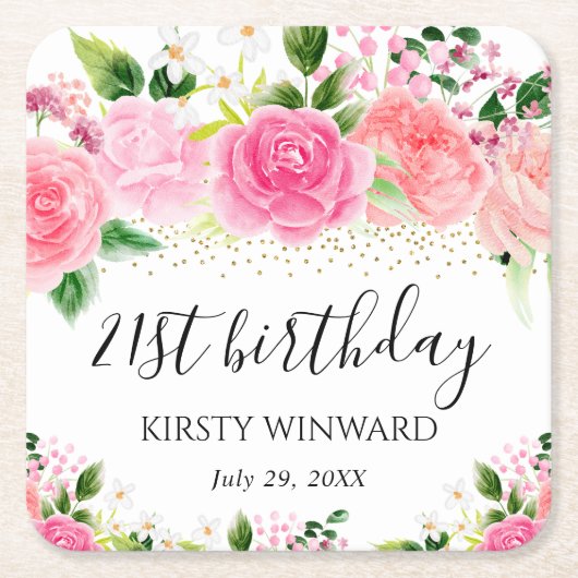 水彩ピンクローゼフラワーズ誕生日 スクエアペーパーコースター (正面)