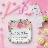 水彩ピンクローゼフラワーズ誕生日 ペーパープレート (パーティー)