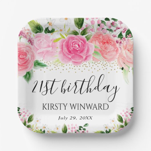 水彩ピンクローゼフラワーズ誕生日 ペーパープレート (正面)