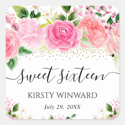 水彩ピンクローゼフラワーズSweet sixteen スクエアシール (正面)