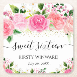 水彩ピンクローゼフラワーズSweet sixteen スクエアペーパーコースター