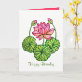 水彩ピンクロータスとバッド&葉付 カード (黄色い花)