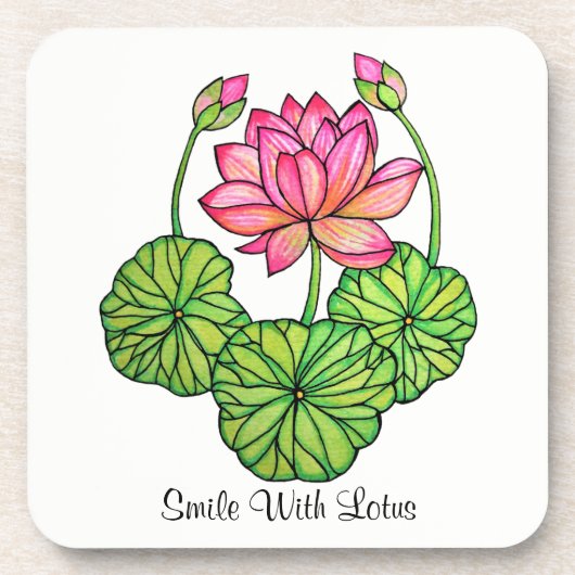 水彩ピンクロータスとバッド&葉付 コースター (正面)