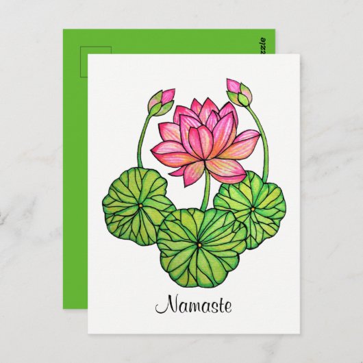 水彩ピンクロータスとバッド&葉付 ポストカード (正面/裏面)