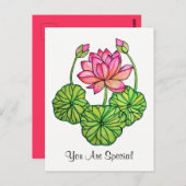 水彩ピンクロータスとバッド&葉付 ポストカード (正面/裏面)