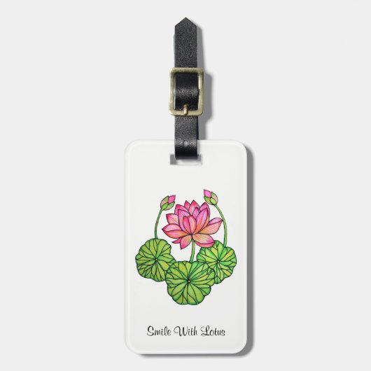 水彩ピンクロータスとバッド&葉付 ラゲッジタグ (正面縦)