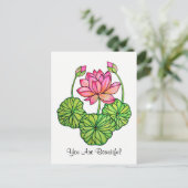 水彩ピンクロータス(つぼみ付き&葉) ポストカード (スタンド正面)