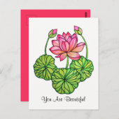 水彩ピンクロータス(つぼみ付き&葉) ポストカード (正面/裏面)