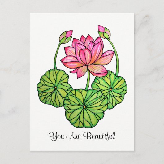 水彩ピンクロータス(つぼみ付き&葉) ポストカード (正面)