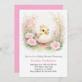 水彩ピンクワイルドフラワーアヒル女の子ベビーシャワー 招待状 (正面/裏面)
