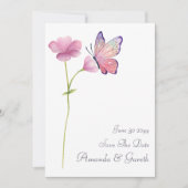 水彩ピンクワイルドフラワーバタフライ日付保存 招待状 (正面)