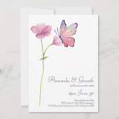 水彩ピンクワイルドフラワーバタフライ結婚ズ 招待状 (正面)