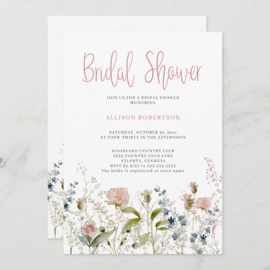 水彩ピンクワイルドフラワーフローラブライダルシャワー 招待状 (正面/裏面)