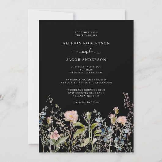 水彩ピンクワイルドフラワーフローラブラック結婚ズ 招待状 (正面)
