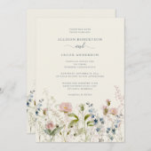 水彩ピンクワイルドフラワーフローラブルー結婚ズ 招待状 (正面/裏面)