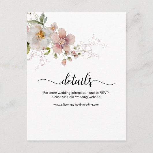 水彩ピンクワイルドフラワー結婚フローラ詳細 エンクロージャーカード (正面)