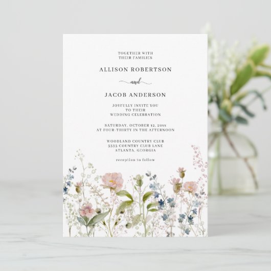 水彩ピンクワイルドフラワー結婚フローラ 招待状 (スタンド正面)