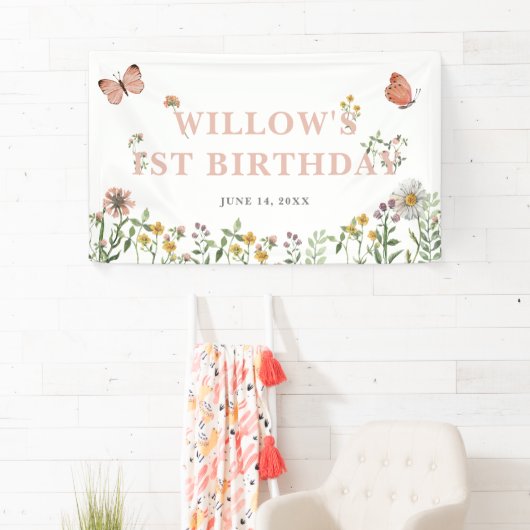 水彩ピンクワイルドフラワー1st誕生日 横断幕 (インサイチュ)