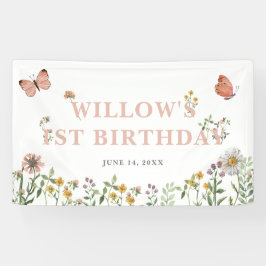 水彩ピンクワイルドフラワー1st誕生日 横断幕