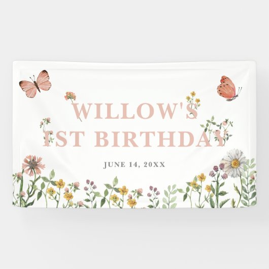 水彩ピンクワイルドフラワー1st誕生日 横断幕 (横)