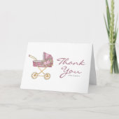 水彩ピンクヴィンテージベビーカー赤ちゃんシャワー サンキューカード (正面)